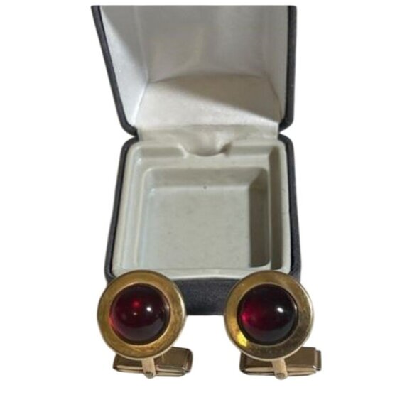 Vintage Cufflinks 12K Gold-Filled With Red Glass Cabochon Inserts - Picture 2 of 3